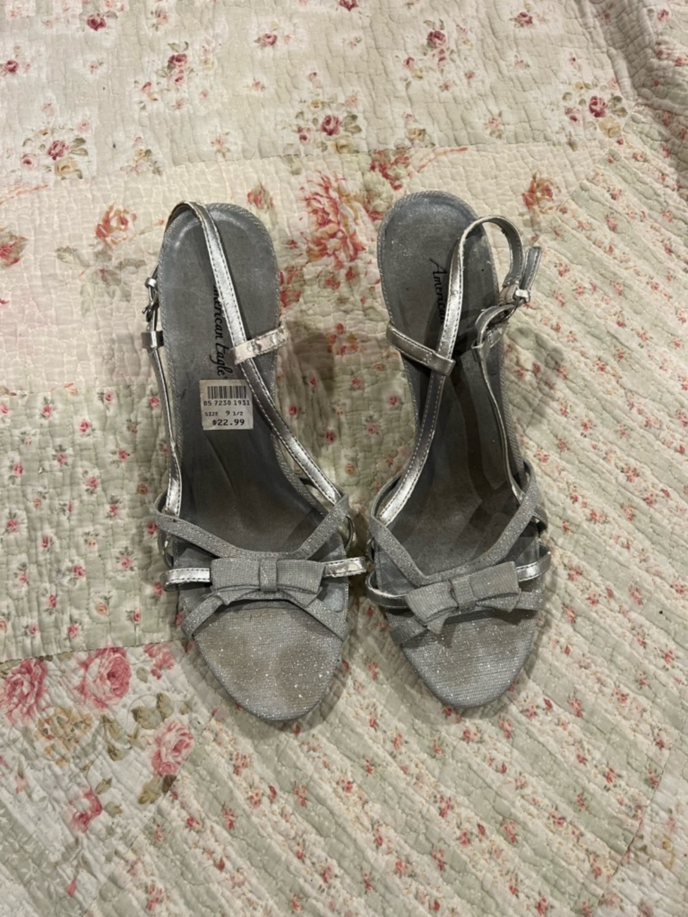 American Eagle Outfitters Silver Glitter Bow Slingback Heels